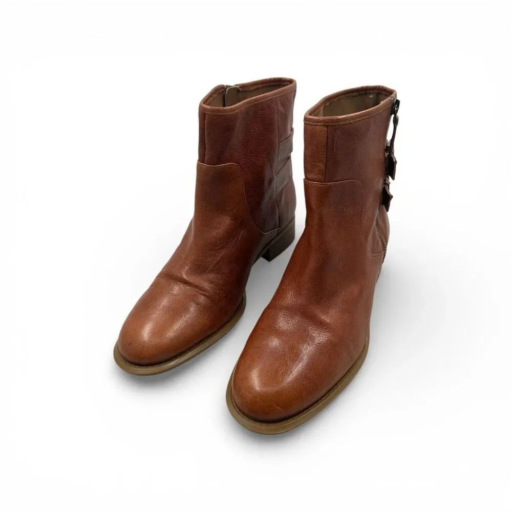 Nine West Just This Cognac Leather Ankle Boots Buckle Zip 9M Western